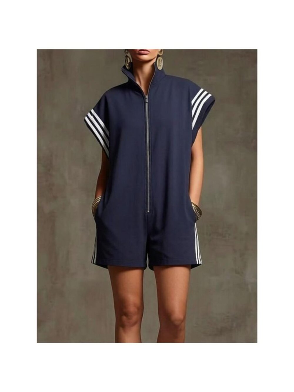 Striped Zip Front Short Sleeve Romper - Picture 7 of 15